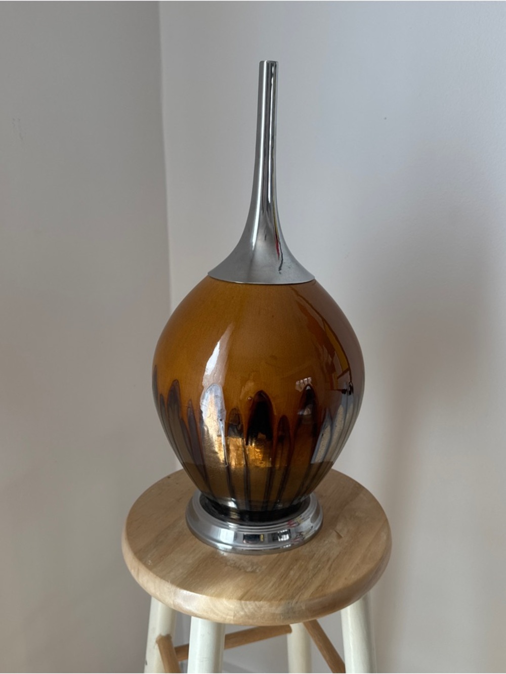 Amber Glass Decorative Vase with Silver Top